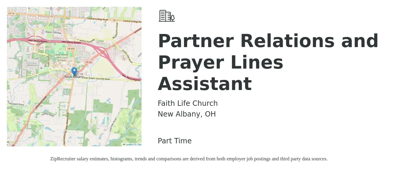 Faith Life Church job posting for a Partner Relations and Prayer Lines Assistant in New Albany, OH with a salary of $15 Hourly with a map of New Albany location.