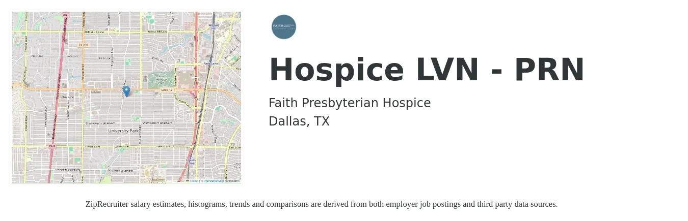 Faith Presbyterian Hospice job posting for a Hospice LVN - PRN in Dallas, TX with a salary of $25 to $34 Hourly with a map of Dallas location.