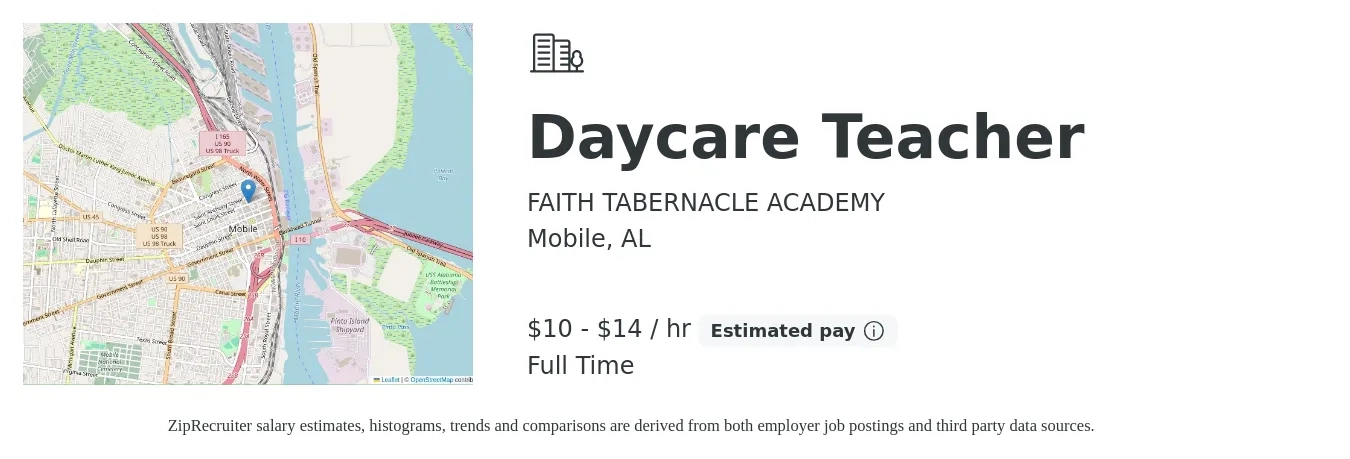 FAITH TABERNACLE ACADEMY job posting for a Daycare Teacher in Mobile, AL with a salary of $11 to $15 Hourly with a map of Mobile location.
