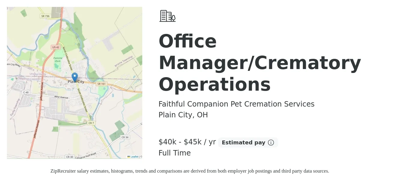 Faithful Companion Pet Cremation Services job posting for a Office Manager/Crematory Operations in Plain City, OH with a salary of $40,000 to $45,000 Yearly with a map of Plain City location.