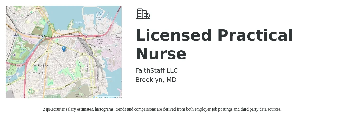 FaithStaff LLC job posting for a Licensed Practical Nurse in Brooklyn, MD with a salary of $24 to $33 Hourly with a map of Brooklyn location.