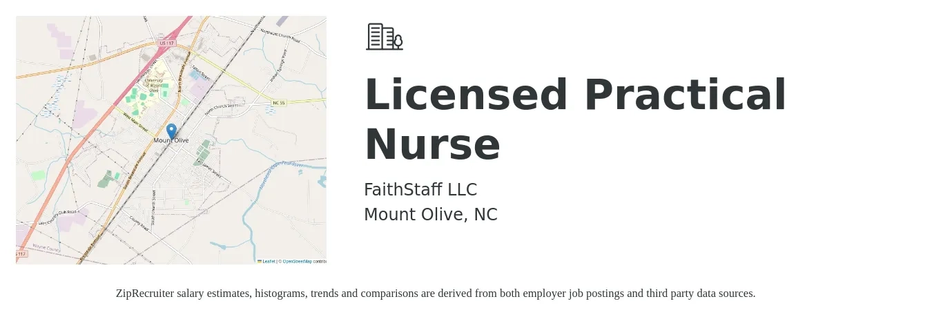 FaithStaff LLC job posting for a Licensed Practical Nurse in Mount Olive, NC with a salary of $23 to $32 Hourly with a map of Mount Olive location.