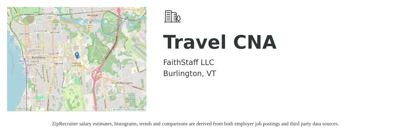 FaithStaff LLC job posting for a Travel CNA in Burlington, VT with a salary of $17 to $23 Hourly with a map of Burlington location.