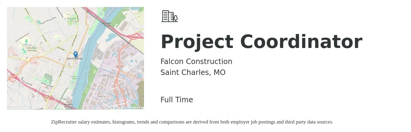 Falcon Construction job posting for a Project Coordinator in Saint Charles, MO with a salary of $22 to $32 Hourly with a map of Saint Charles location.