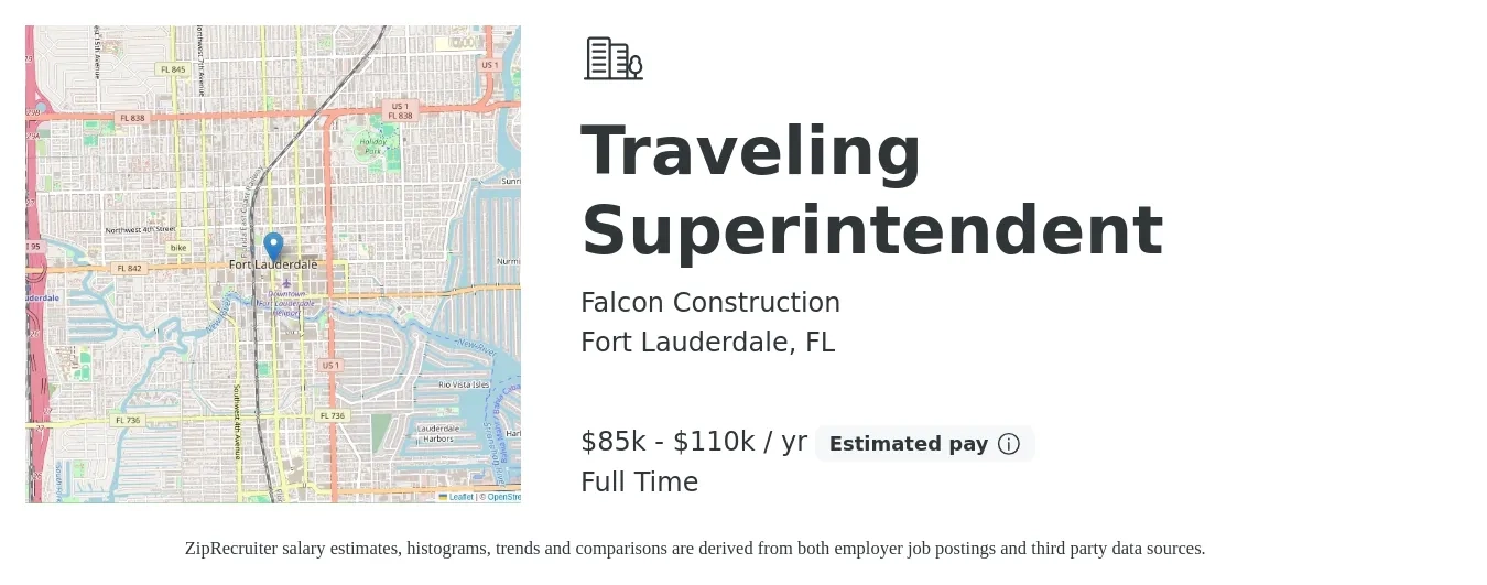 Falcon Construction job posting for a Traveling Superintendent in Fort Lauderdale, FL with a salary of $85,000 to $110,000 Yearly with a map of Fort Lauderdale location.