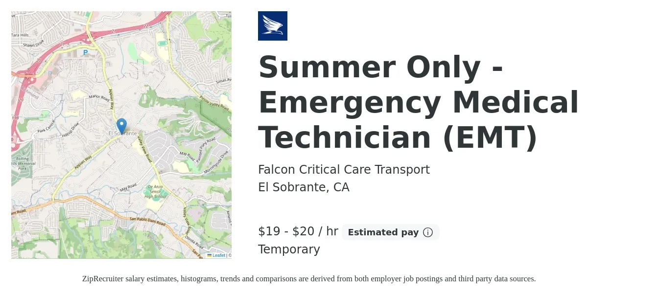 Falcon Critical Care Transport job posting for a Summer Only - Emergency Medical Technician (EMT) in El Sobrante, CA with a salary of $20 to $21 Hourly with a map of El Sobrante location.