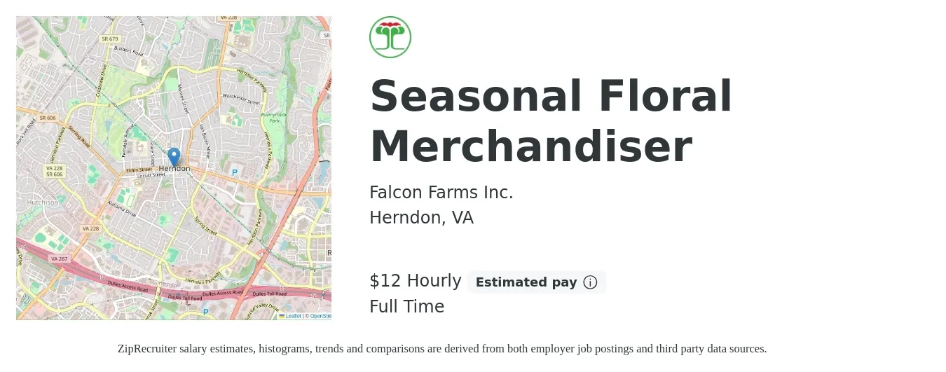 Falcon Farms Inc. job posting for a Seasonal Floral Merchandiser in Herndon, VA with a salary of $13 Hourly with a map of Herndon location.