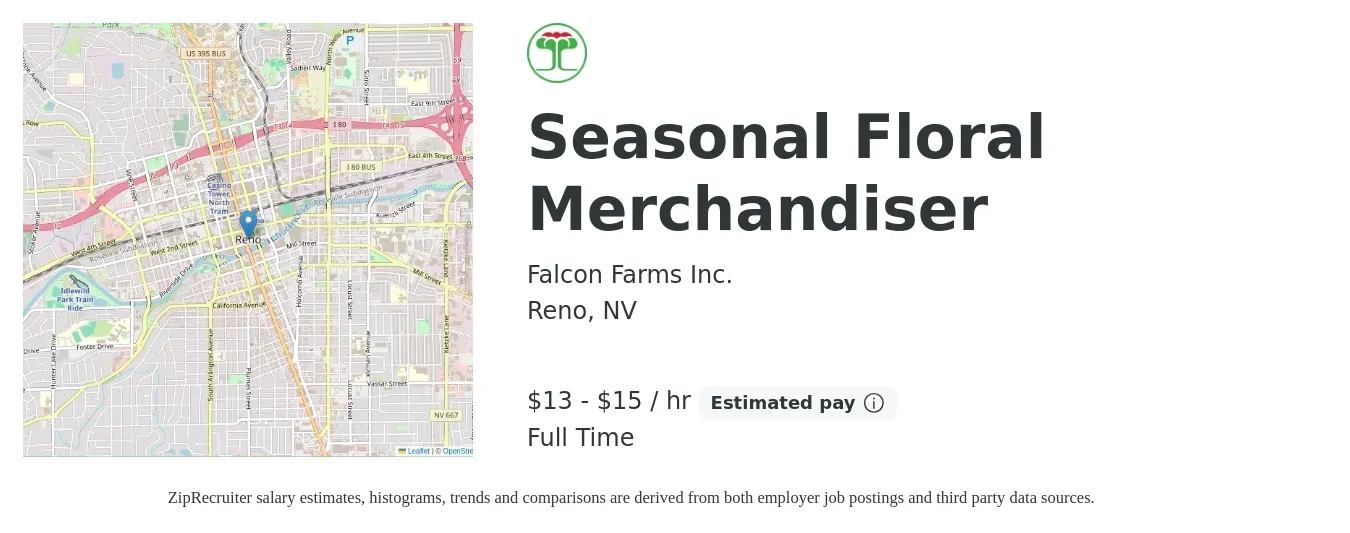 Falcon Farms Inc. job posting for a Seasonal Floral Merchandiser in Reno, NV with a salary of $14 to $16 Hourly with a map of Reno location.