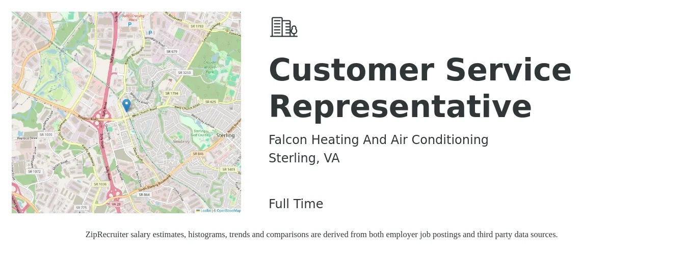 Falcon Heating And Air Conditioning job posting for a Customer Service Representative in Sterling, VA with a salary of $16 to $22 Hourly with a map of Sterling location.