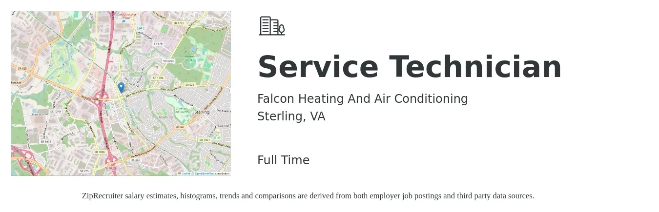 Falcon Heating And Air Conditioning job posting for a Service Technician in Sterling, VA with a salary of $20 to $28 Hourly with a map of Sterling location.