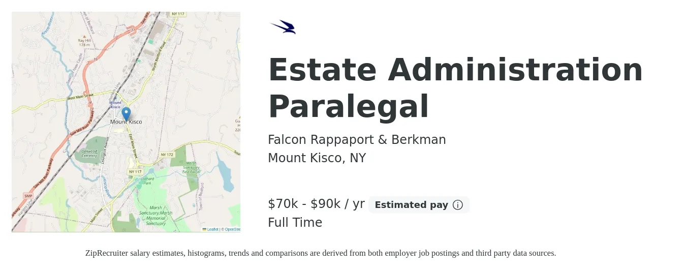 Falcon Rappaport & Berkman job posting for a Estate Administration Paralegal in Mount Kisco, NY with a salary of $51,200 to $73,100 Yearly with a map of Mount Kisco location.