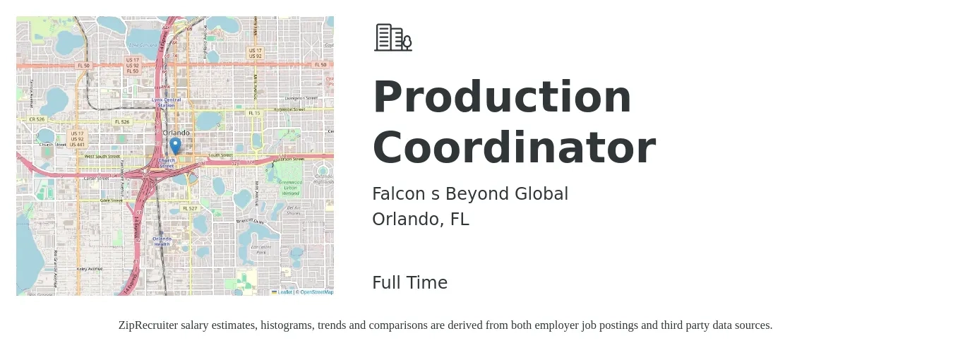 Falcon s Beyond Global job posting for a Production Coordinator in Orlando, FL with a salary of $18 to $26 Hourly with a map of Orlando location.