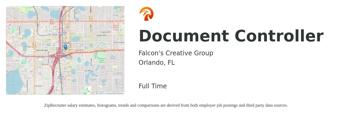 Falcon's Creative Group job posting for a Document Controller in Orlando, FL with a salary of $18 to $29 Hourly with a map of Orlando location.