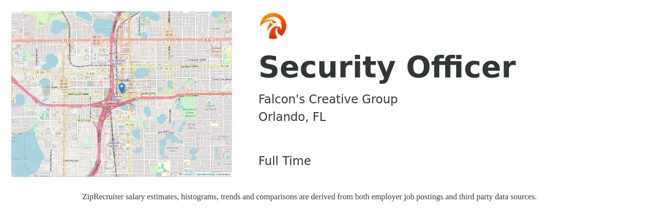 Falcon's Creative Group job posting for a Security Officer in Orlando, FL with a salary of $14 to $17 Hourly with a map of Orlando location.