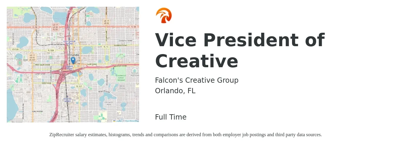 Falcon's Creative Group job posting for a Vice President of Creative in Orlando, FL with a salary of $102,300 to $169,000 Yearly with a map of Orlando location.