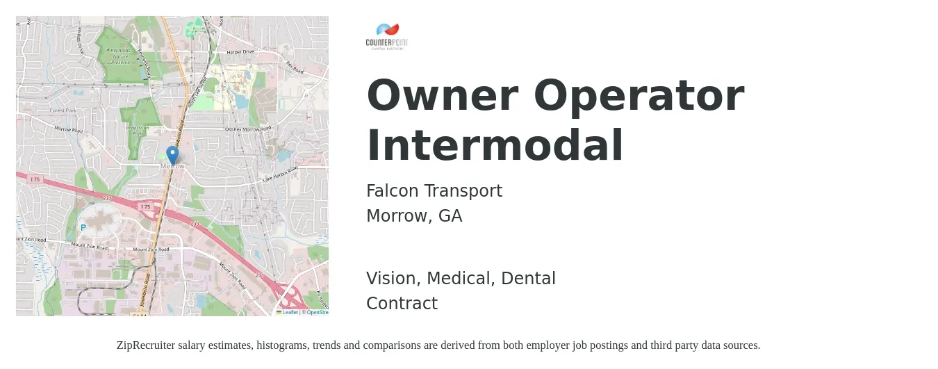 Falcon Transport job posting for a Owner Operator Intermodal in Morrow, GA with a salary of $17 Hourly and benefits including vision, dental, life_insurance, and medical with a map of Morrow location.
