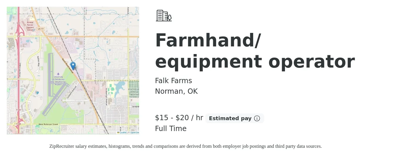 Falk Farms job posting for a Farmhand/ equipment operator in Norman, OK with a salary of $16 to $21 Hourly with a map of Norman location.