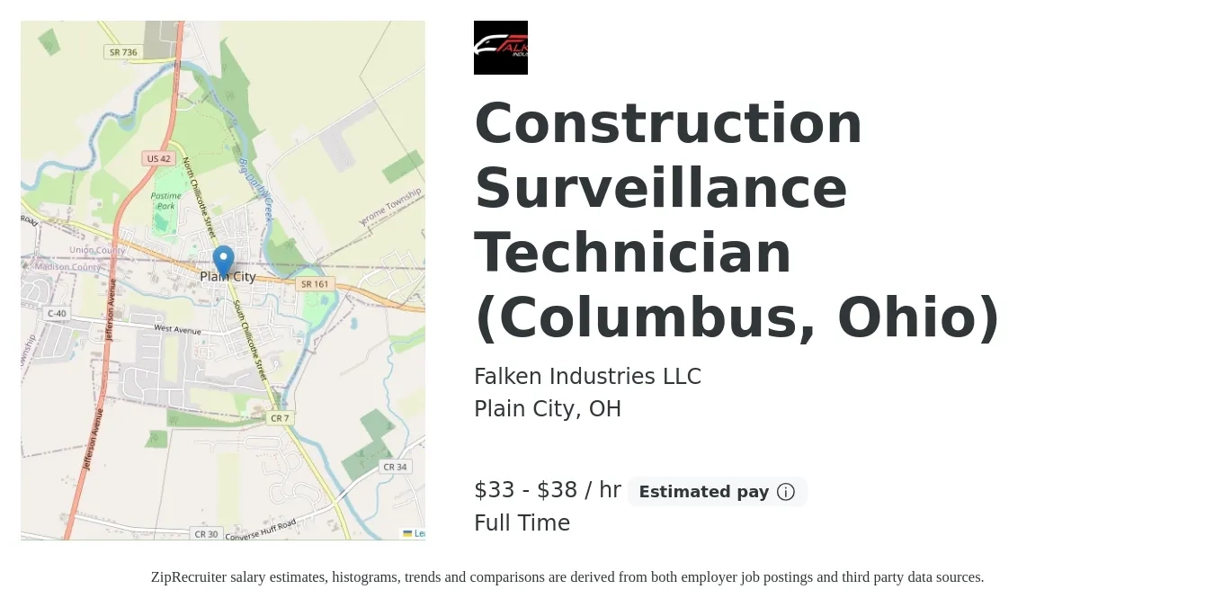 Falken Industries LLC job posting for a Construction Surveillance Technician (Columbus, Ohio) in Plain City, OH with a salary of $35 to $40 Hourly with a map of Plain City location.