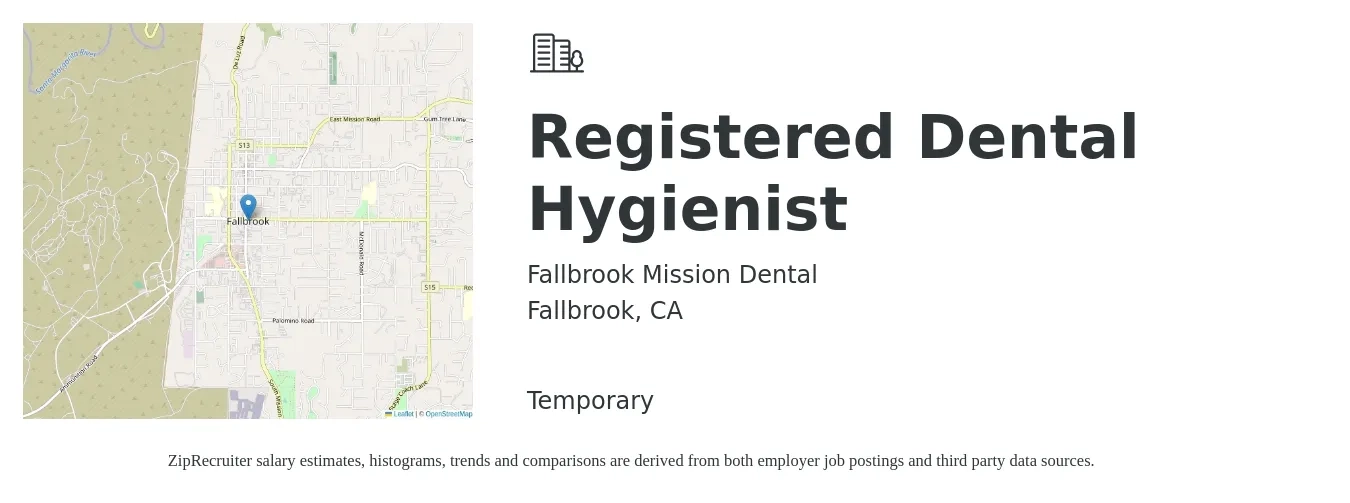 Fallbrook Mission Dental job posting for a Registered Dental Hygienist in Fallbrook, CA with a salary of $42 to $53 Hourly with a map of Fallbrook location.