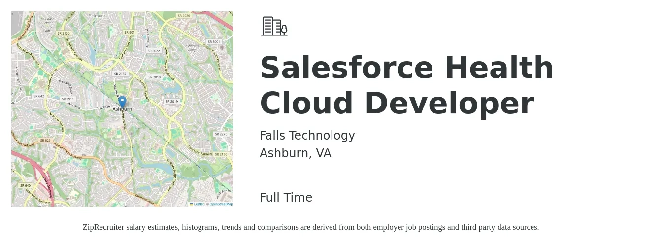 Falls Technology job posting for a Salesforce Health Cloud Developer in Ashburn, VA with a salary of $57 to $75 Hourly with a map of Ashburn location.