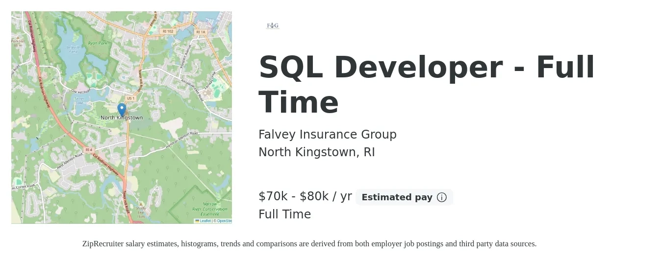 Falvey Insurance Group job posting for a SQL Developer - Full Time in North Kingstown, RI with a salary of $70,000 to $80,000 Yearly with a map of North Kingstown location.