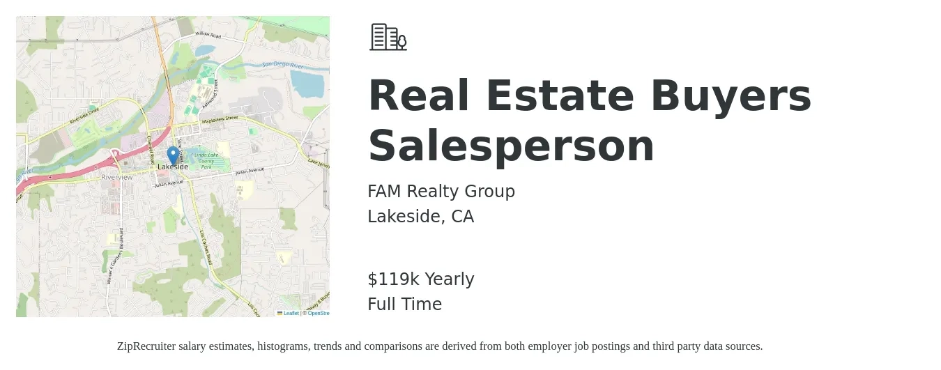 FAM Realty Group job posting for a Real Estate Buyers Salesperson in Lakeside, CA with a salary of $119,500 Yearly with a map of Lakeside location.