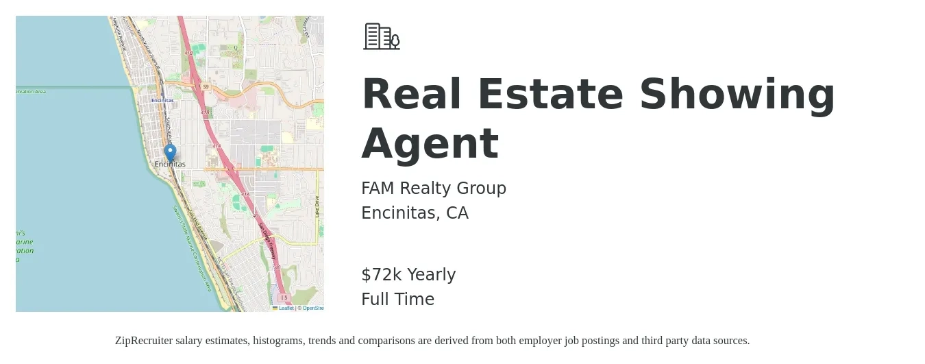 FAM Realty Group job posting for a Real Estate Showing Agent in Encinitas, CA with a salary of $72,500 Yearly with a map of Encinitas location.