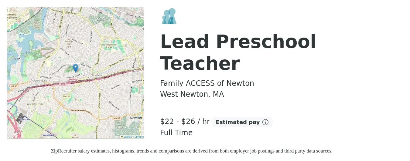 Family ACCESS of Newton job posting for a Lead Preschool Teacher in West Newton, MA with a salary of $49,750 to $58,250 Yearly with a map of West Newton location.