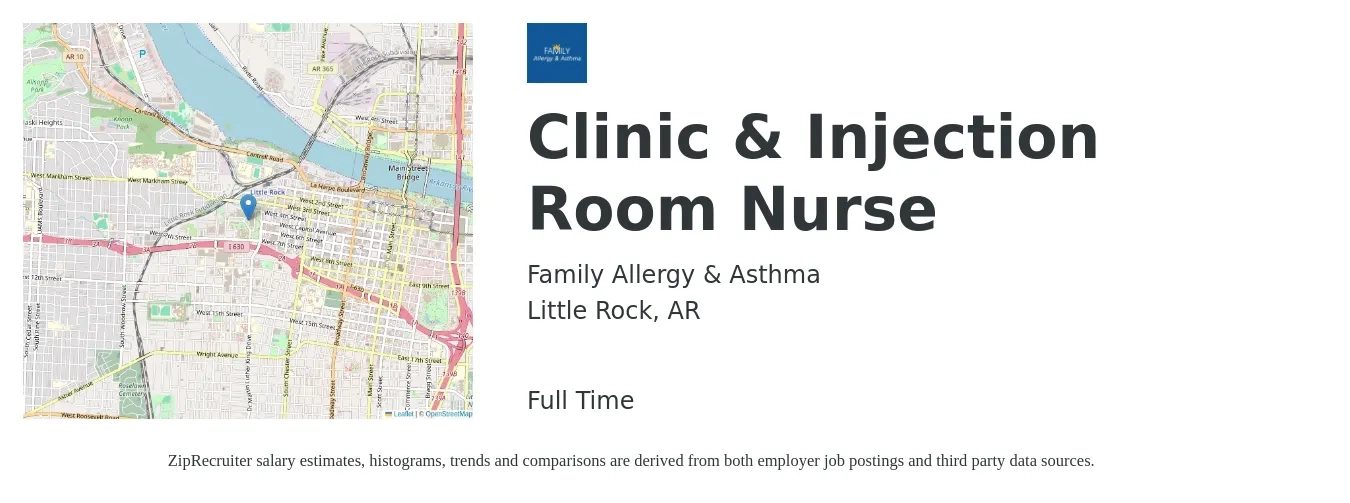 Family Allergy & Asthma job posting for a Clinic & Injection Room Nurse in Little Rock, AR with a salary of $27 to $38 Hourly with a map of Little Rock location.