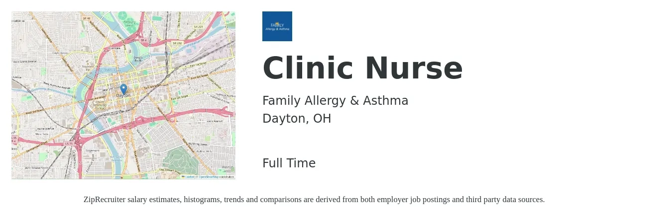 Family Allergy & Asthma job posting for a Clinic Nurse in Dayton, OH with a salary of $32 to $45 Hourly with a map of Dayton location.