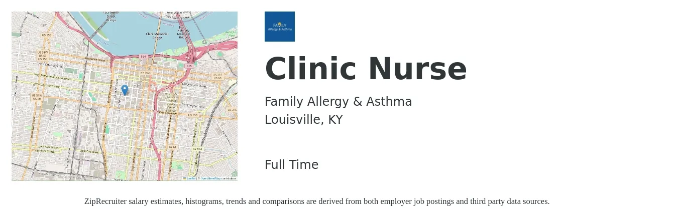 Family Allergy & Asthma job posting for a Clinic Nurse in Louisville, KY with a salary of $30 to $42 Hourly with a map of Louisville location.