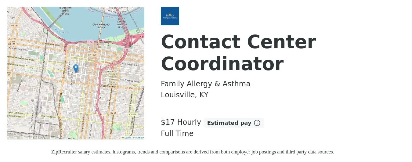Family Allergy & Asthma job posting for a Contact Center Coordinator in Louisville, KY with a salary of $18 Hourly with a map of Louisville location.
