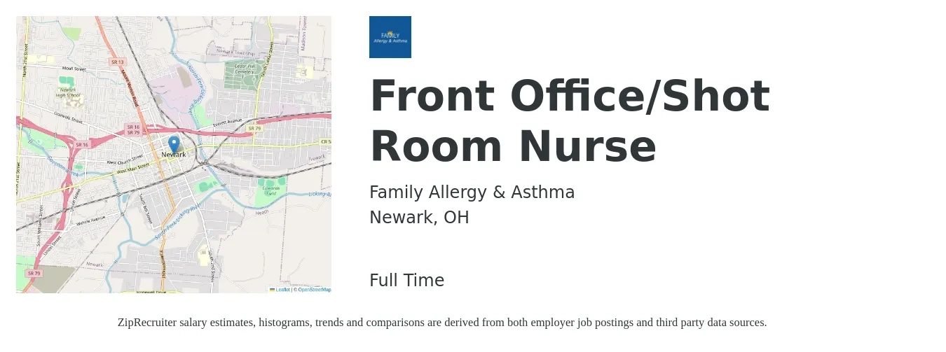 Family Allergy & Asthma job posting for a Front Office/Shot Room Nurse in Newark, OH with a salary of $34 to $47 Hourly with a map of Newark location.
