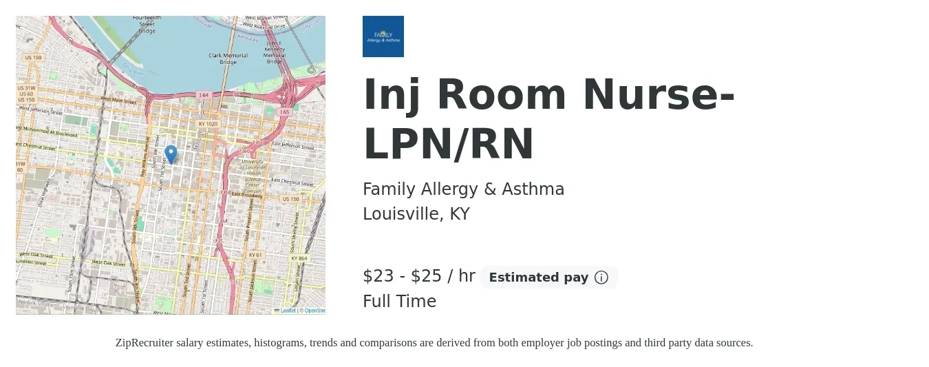 Family Allergy & Asthma job posting for a Inj Room Nurse-LPN/RN in Louisville, KY with a salary of $24 to $26 Hourly with a map of Louisville location.