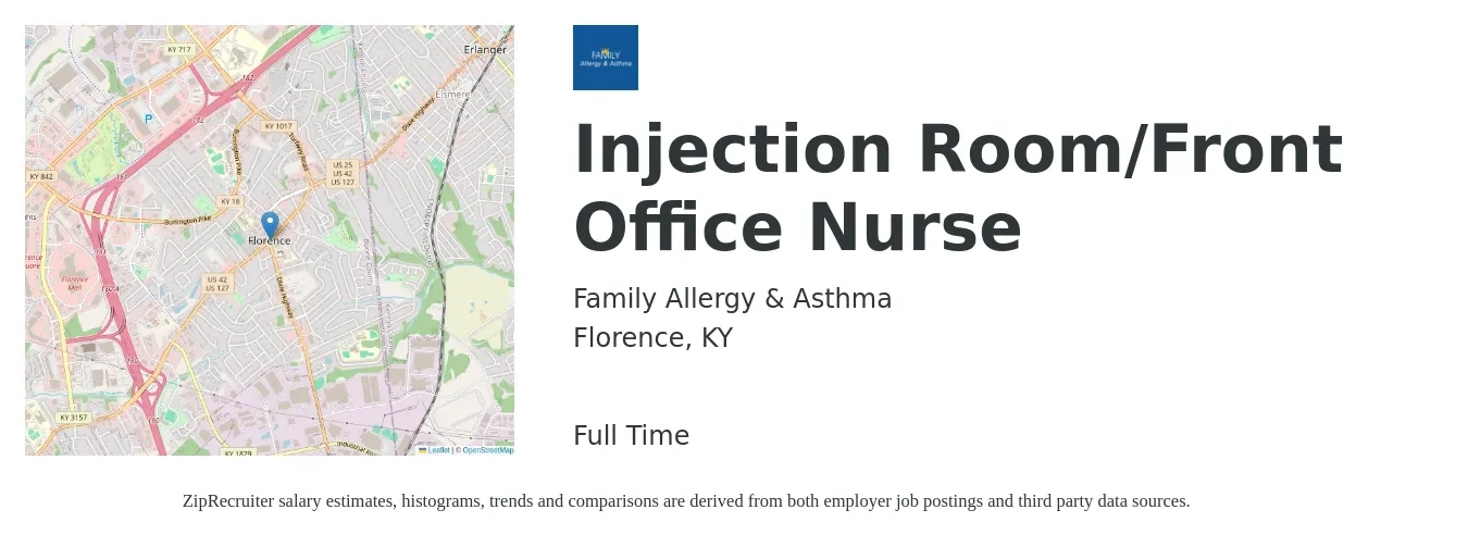 Family Allergy & Asthma job posting for a Injection Room/Front Office Nurse in Florence, KY with a salary of $28 to $45 Hourly with a map of Florence location.