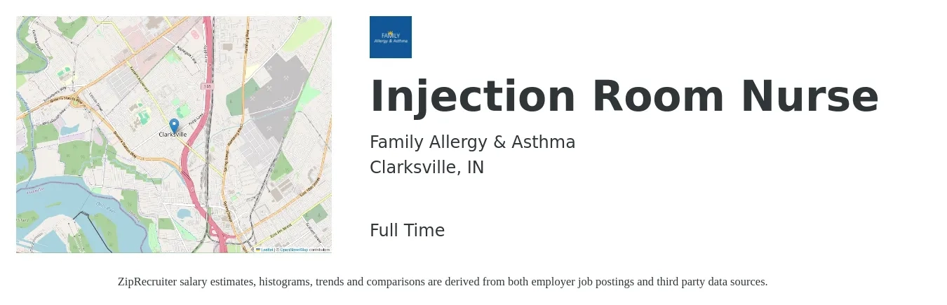 Family Allergy & Asthma job posting for a Injection Room Nurse in Clarksville, IN with a salary of $34 to $46 Hourly with a map of Clarksville location.