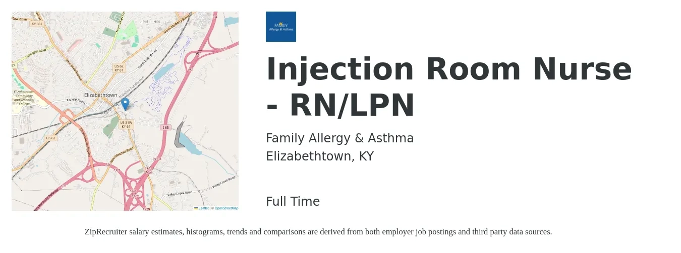 Family Allergy & Asthma job posting for a Injection Room Nurse - RN/LPN in Elizabethtown, KY with a salary of $28 to $41 Hourly with a map of Elizabethtown location.