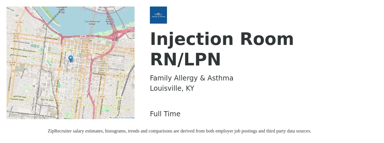 Family Allergy & Asthma job posting for a Injection Room RN/LPN in Louisville, KY with a salary of $25 to $34 Hourly with a map of Louisville location.