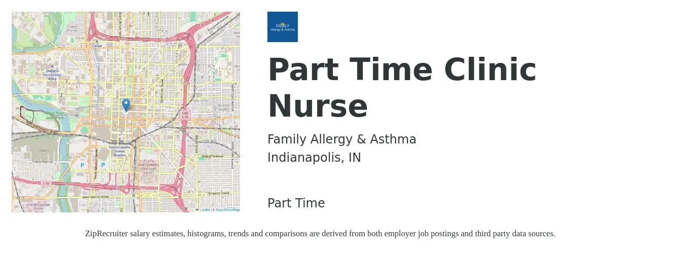 Family Allergy & Asthma job posting for a Part Time Clinic Nurse in Indianapolis, IN with a salary of $30 to $43 Hourly with a map of Indianapolis location.
