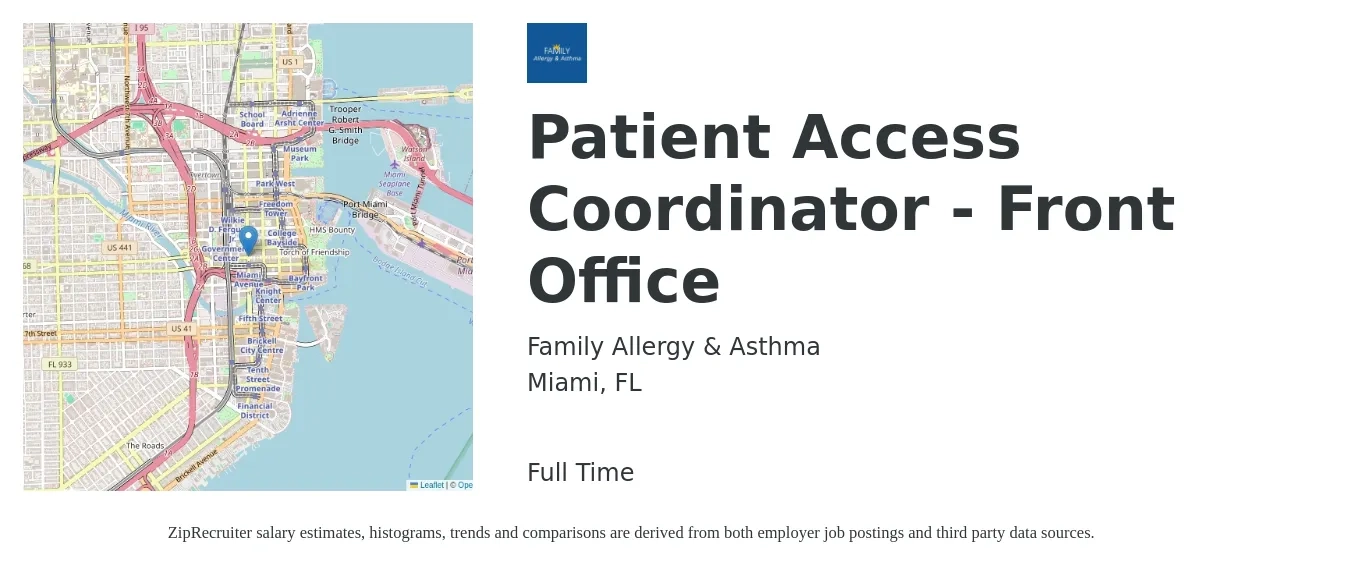 Family Allergy & Asthma job posting for a Patient Access Coordinator - Front Office in Miami, FL with a salary of $16 to $20 Hourly with a map of Miami location.