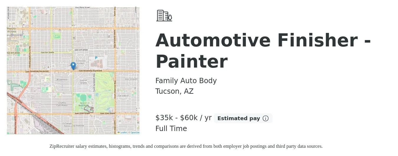 Family Auto Body job posting for a Automotive Finisher - Painter in Tucson, AZ with a salary of $35,000 to $60,000 Yearly with a map of Tucson location.