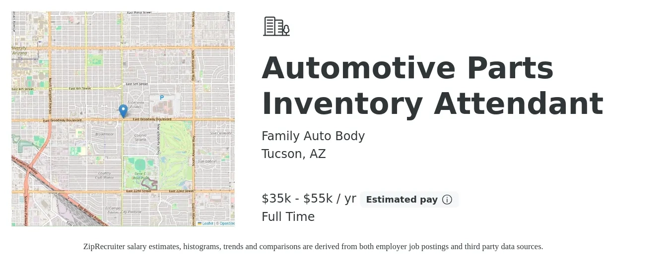 Family Auto Body job posting for a Automotive Parts Inventory Attendant in Tucson, AZ with a salary of $35,000 to $55,000 Yearly with a map of Tucson location.