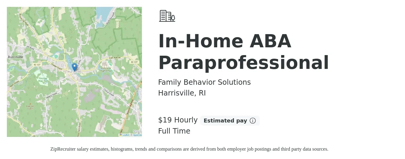 Family Behavior Solutions job posting for a In-Home ABA Paraprofessional in Harrisville, RI with a salary of $18 Hourly with a map of Harrisville location.