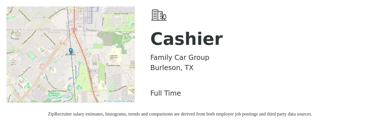 Family Car Group job posting for a Cashier in Burleson, TX with a salary of $10 to $14 Hourly with a map of Burleson location.