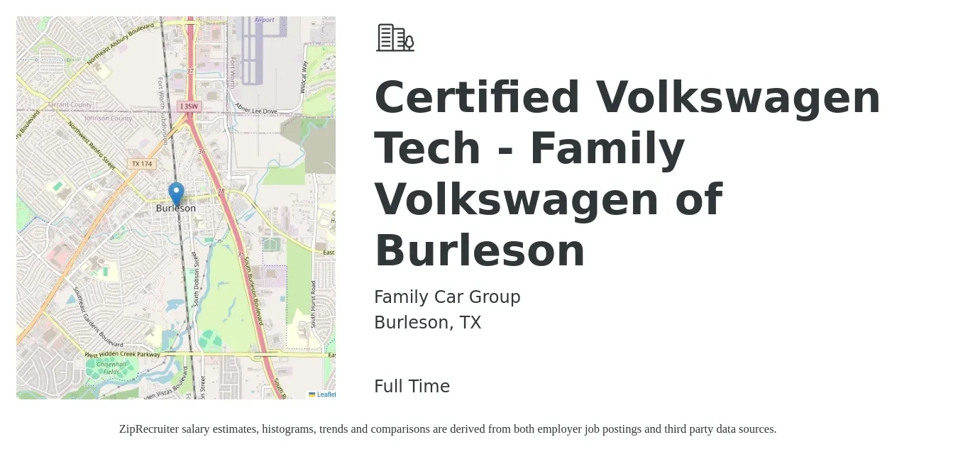 Family Car Group job posting for a Certified Volkswagen Tech - Family Volkswagen of Burleson in Burleson, TX with a salary of $36,900 to $55,400 Yearly with a map of Burleson location.