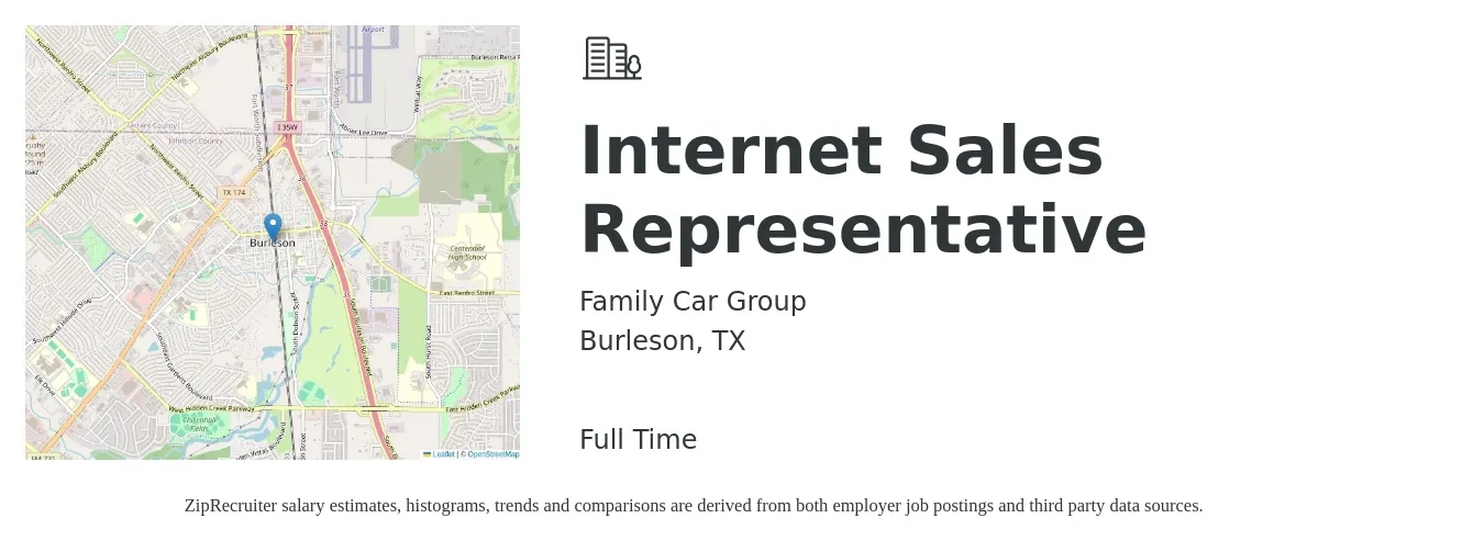 Family Car Group job posting for a Internet Sales Representative in Burleson, TX with a salary of $16 to $22 Hourly with a map of Burleson location.