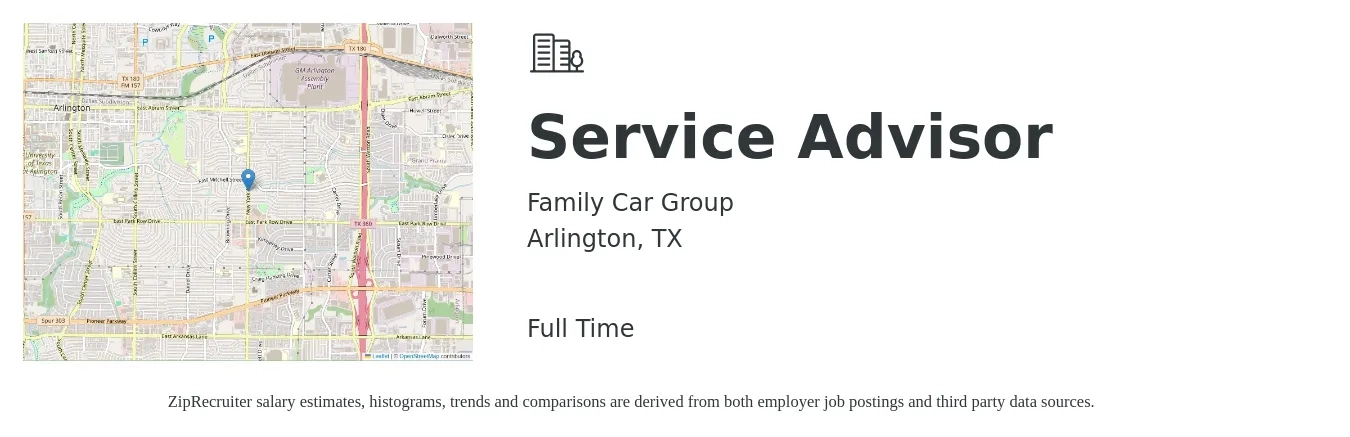 Family Car Group job posting for a Service Advisor in Arlington, TX with a salary of $17 to $28 Hourly with a map of Arlington location.