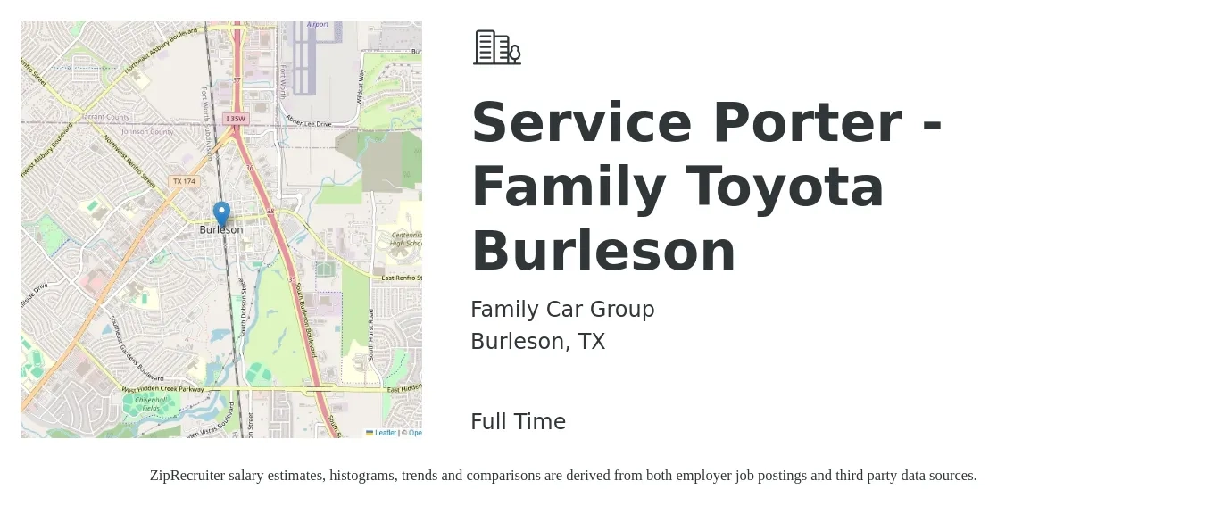 Family Car Group job posting for a Service Porter - Family Toyota Burleson in Burleson, TX with a salary of $13 to $16 Hourly with a map of Burleson location.