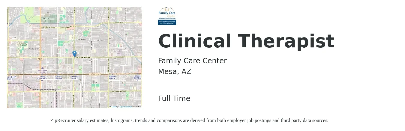 Family Care Center job posting for a Clinical Therapist in Mesa, AZ with a salary of $74,000 to $94,000 Yearly with a map of Mesa location.
