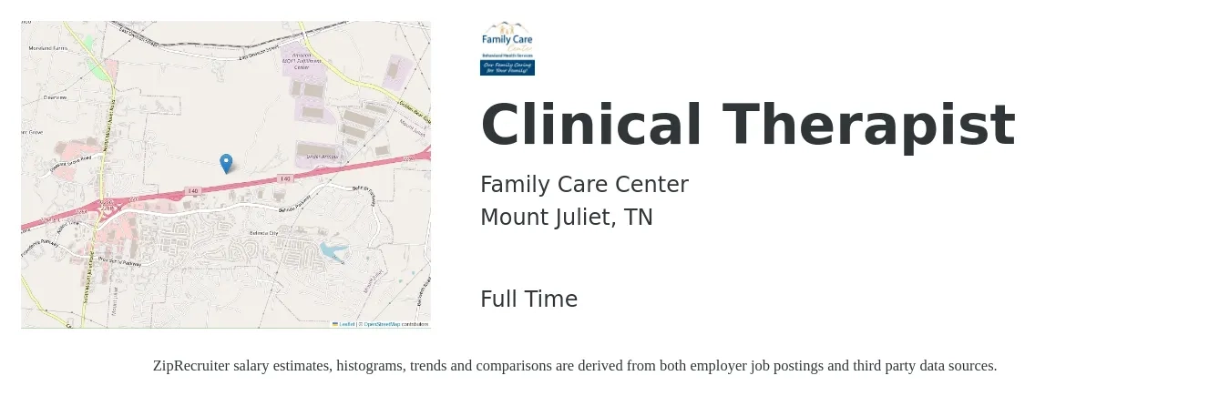 Family Care Center job posting for a Clinical Therapist in Mount Juliet, TN with a salary of $71,000 to $92,000 Yearly with a map of Mount Juliet location.